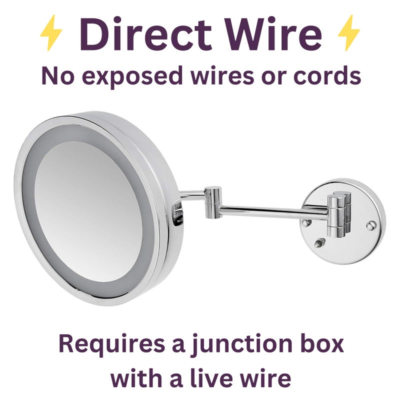 JERDON Wall Mounted Chrome Finish Makeup Mirror with LED Light â€“ 3X Magnification â€“ 9.75â€ Diameter Mirror â€“ Extends 15â€ â€“ Direct Wire Only â€“ Model HL8C - Image 3